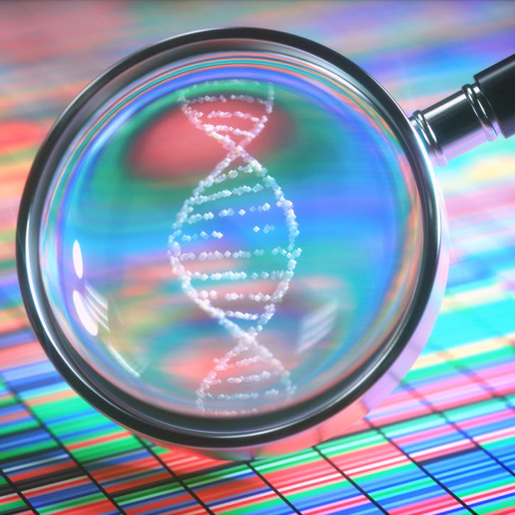 Magnifying glass enlarging an abstract digital illustration of DNA